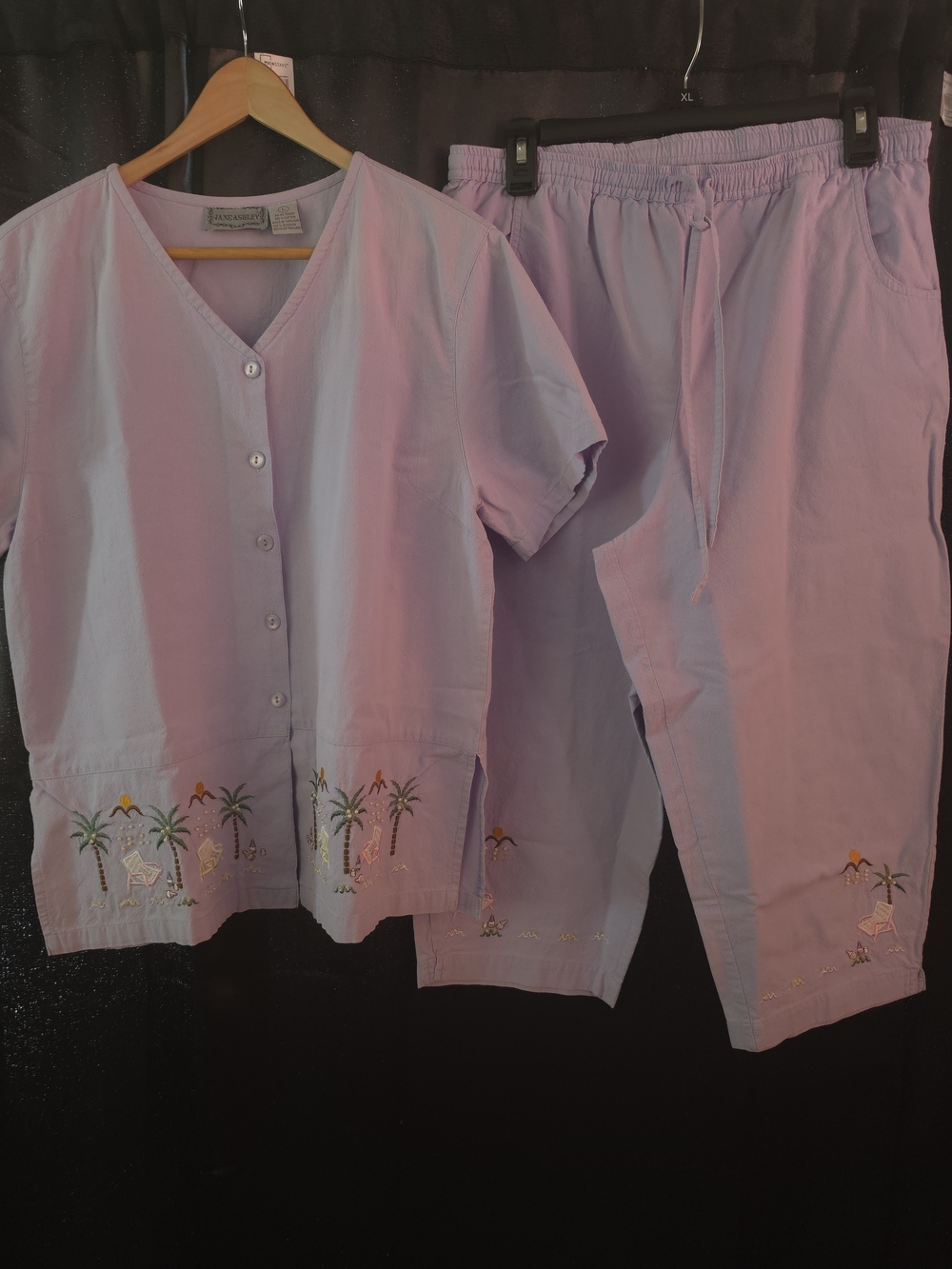 Vntg Jane Ashley Lounge Outfit Womens Embroidered Beach Palms Seagulls L Purple